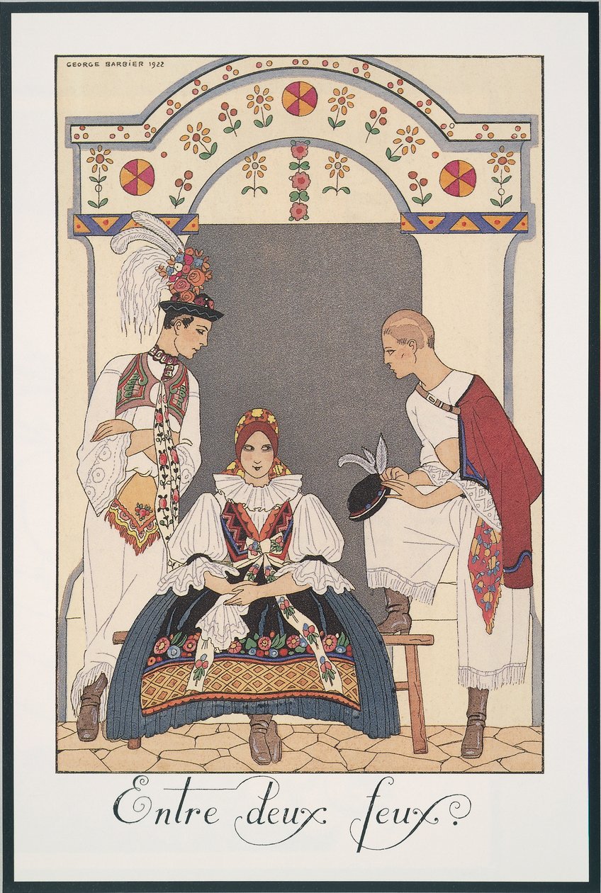 Falbalas ja Fanfreluches, Almanakka vuodelle 1923, Between Two Fires, George Barbier, print tekijältä Georges Barbier