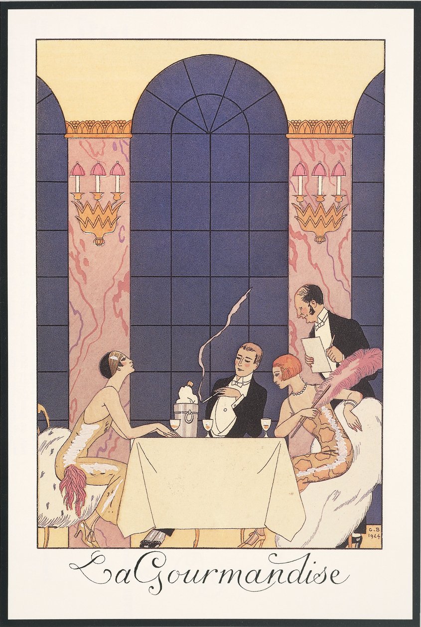 Falbalas ja Fanfreluches, Almanakka vuodelle 1925: "La gourmandise", George Barbier, print tekijältä Georges Barbier