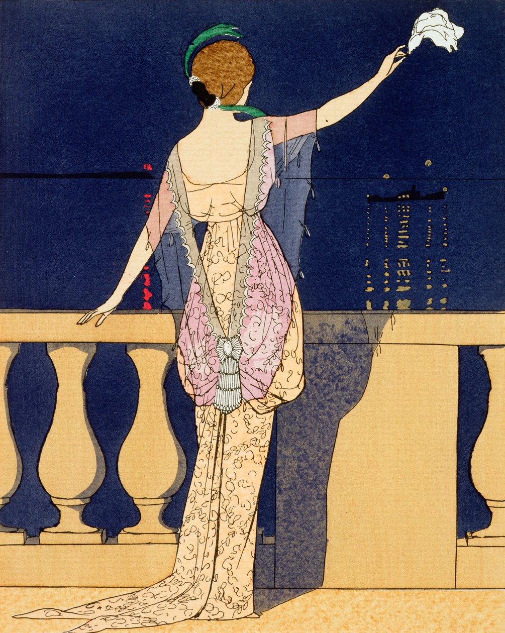 "Farewell at Night", suunnittelu Jeanne Paquinin iltapuvulle, 1900-luvun alku tekijältä Georges Barbier