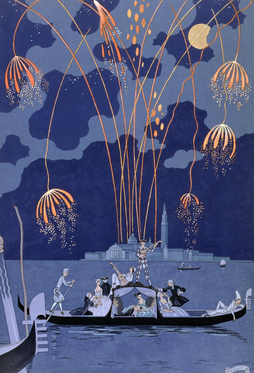 Ilotulitus Venetsiassa, kuvitus Paul Verlainen (1844-96) Fetes Galantesille 1924 (pokuorokuva) tekijältä Georges Barbier