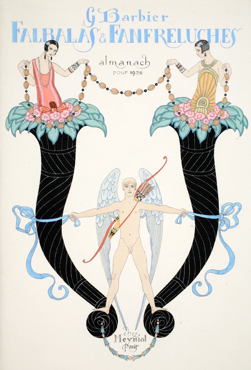 Etukansi "Falbalas and Fanfreluches, Almanac of Present, Past and Future Modes" tekijältä Georges Barbier
