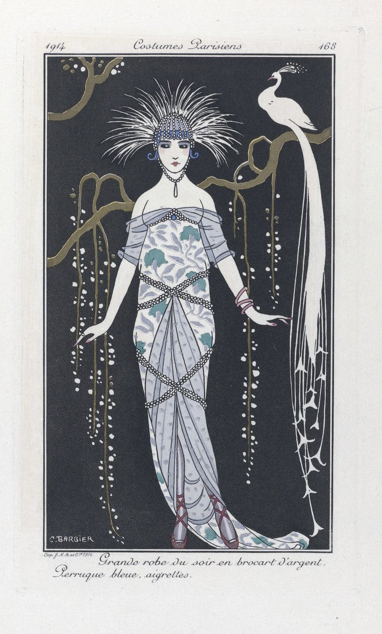 Iso iltapuku hopeabrokaadia. Sininen peruukki, aigrettes, Costumes Parisiensilta, pub.1914 (stencilprint) tekijältä Georges Barbier