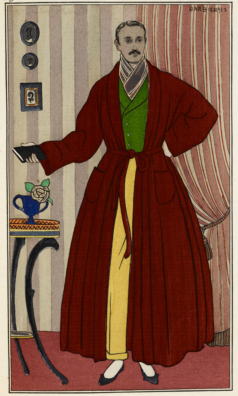 Mies aamutakissa. George Barbierin (1882-1932) kuvitus, otettu Journal des dames et des modes -julkaisusta. Pariisi 1912-1914. British Library Institution, viitehyllytunnus: P.P.5242.dc, pl.96, vastapäätä sivua 16. Mies pukuhuoneessa tekijältä Georges Barbier