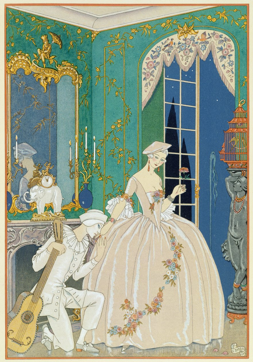 Kuvitus Paul Verlainen (1844-96) Fetes Galantesille 1923 (stensiilipainatus) tekijältä Georges Barbier