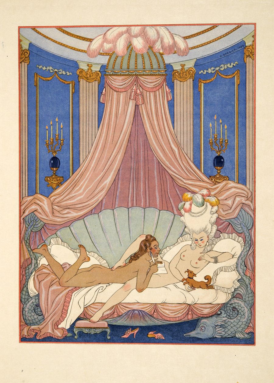 Kuvitus Pierre Choderlos de Laclosin (1741-1803) pubista "Les Liaisons Dangereuses". 1934 (stensiiliprintti) tekijältä Georges Barbier