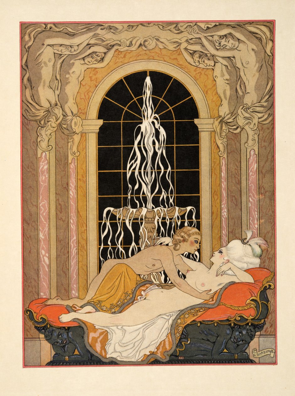 Kuvitus Pierre Choderlos de Laclosin (1741-1803) pubista "Les Liaisons Dangereuses". 1934 (stensiiliprintti) tekijältä Georges Barbier