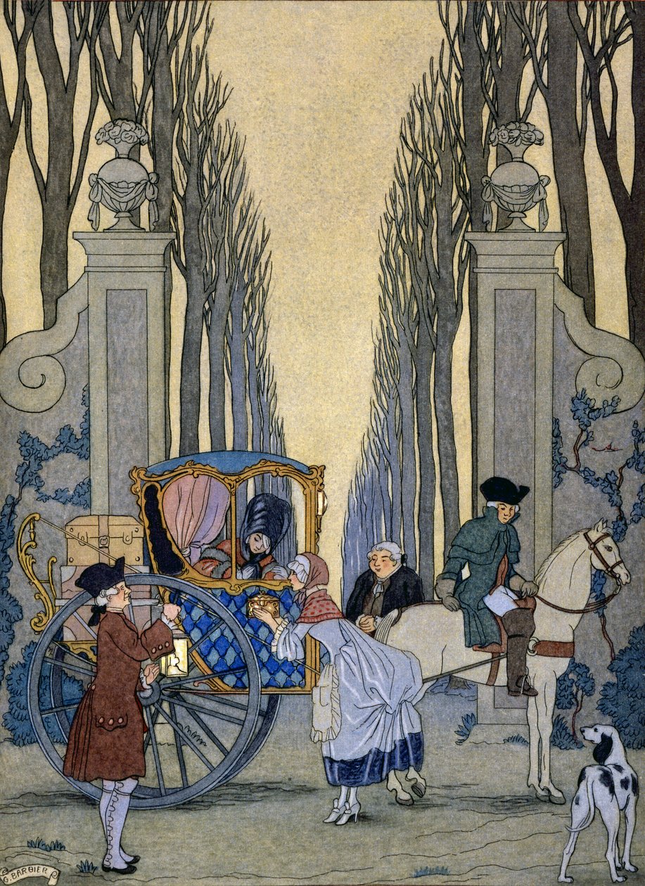 Kuvitus Pierre Choderlos de Laclosin Les Liaisons Dangereusesista, n. 1920 (stensiiliprintti) tekijältä Georges Barbier