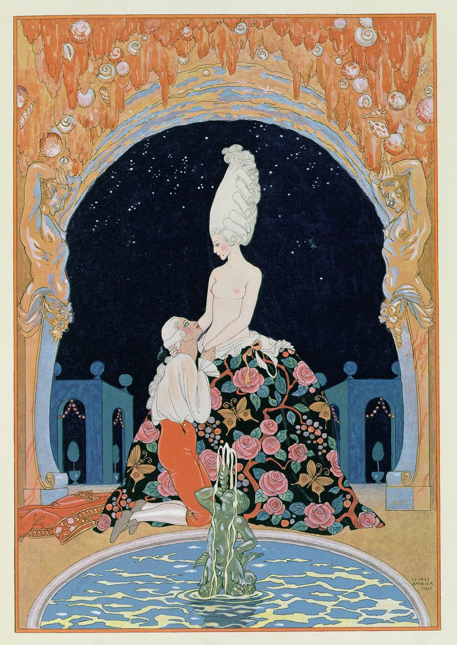 Luolassa, kuvitus Paul Verlainen (1844-96) "Fetes Galantes" 1928 (pokuoropainos) tekijältä Georges Barbier