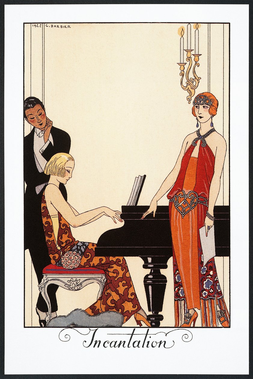 Loitsu, pianisti ja nainen pukeutunut iltapukuihin, kuvitus Falbalas et Fanfreluches, Almanakka vuodelta 1923 tekijältä Georges Barbier