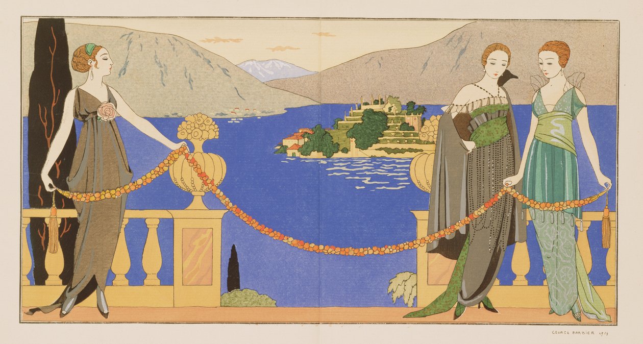 Isola Bella, Redfernin suunnittelemat iltapuvut, levy 57 Gazette du Bon Tonista, kesäkuu 1914 (pochoir print) tekijältä Georges Barbier