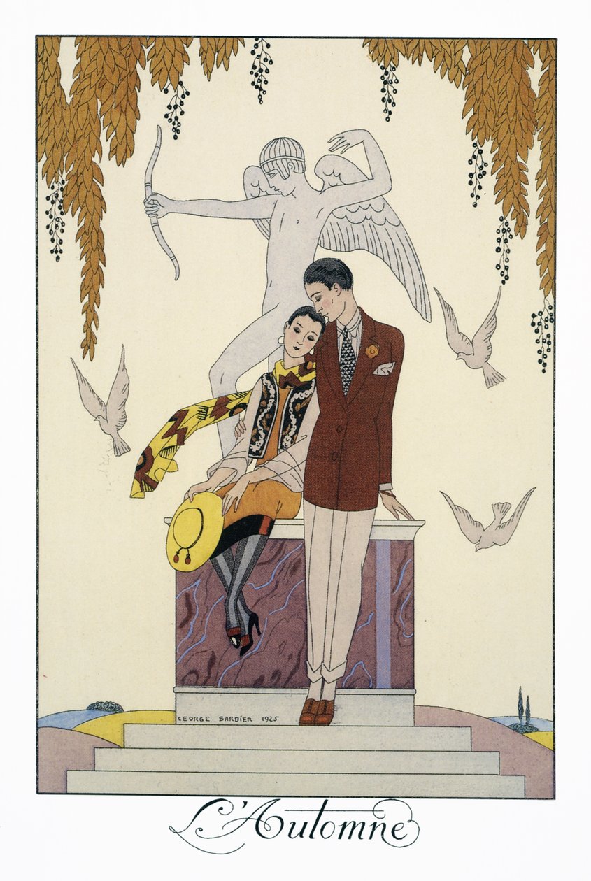 Autumn, George Barbierin (1882-1932) litografia, teoksista Falbalas et Fanfreluches, Almanach des Modes Presentes, Passees et Futures tekijältä Georges Barbier