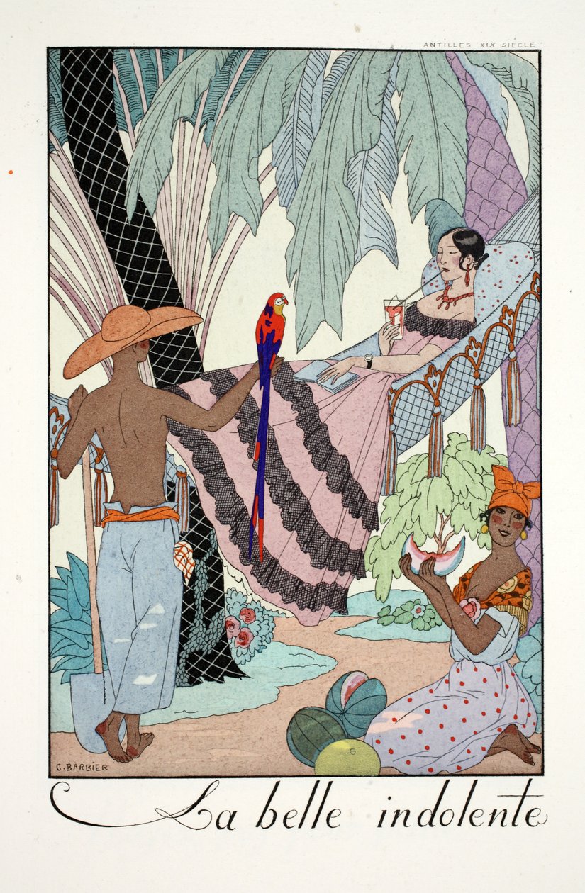 La Belle Indolente, teoksesta "Falbalas and Fanfreluches, Almanac of Present, Past and Future Modes" tekijältä Georges Barbier