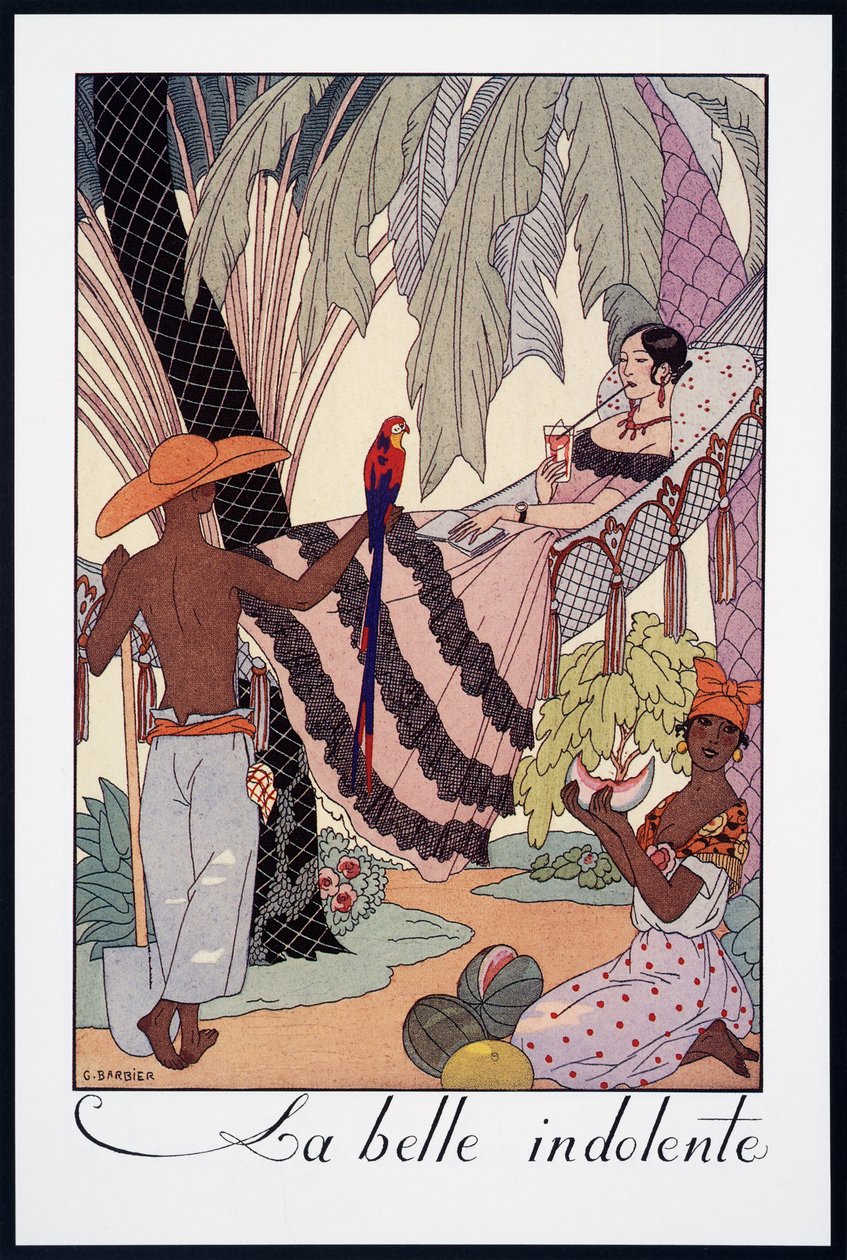 La Belle Indolente, George Barbierin (1882-1932) litografia, Falbalas et Fanfreluches, Almanach des Modes Presentes, Passees et Futures, Ranska, 1900-luku tekijältä Georges Barbier