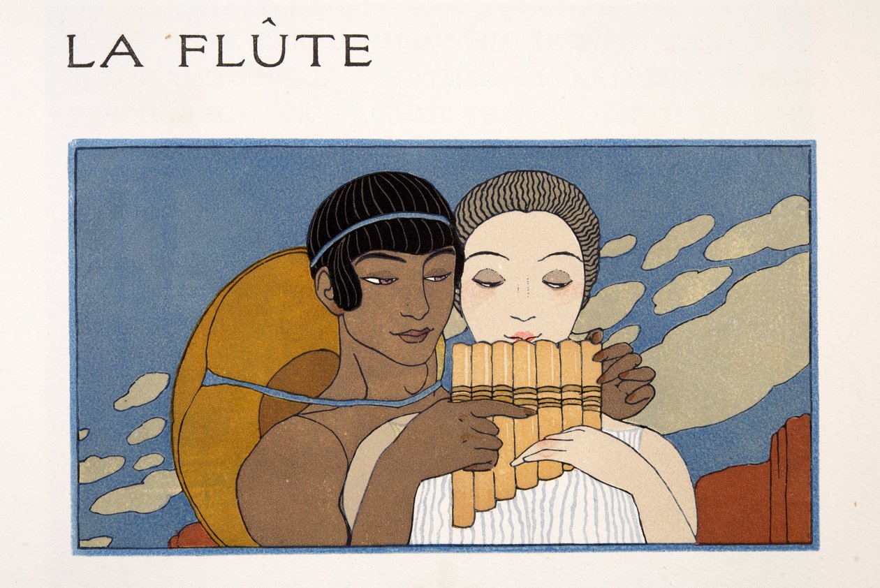 Huilu, kuvitus Les Chansons de Bilitisistä, Pierre Louys, pub. 1922 (stensiiliprintti) tekijältä Georges Barbier