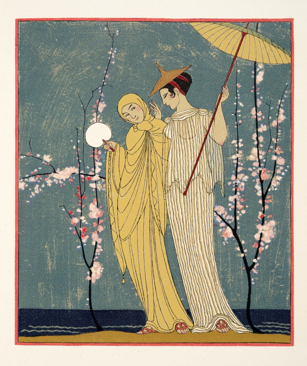 Kokous, kuvitus Les Chansons de Bilitisistä, Pierre Louys, pub. 1922 (stensiiliprintti) tekijältä Georges Barbier