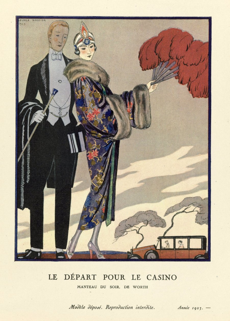 Lähtö kasinolle, pub. 1923 (stensiiliprintti) tekijältä Georges Barbier