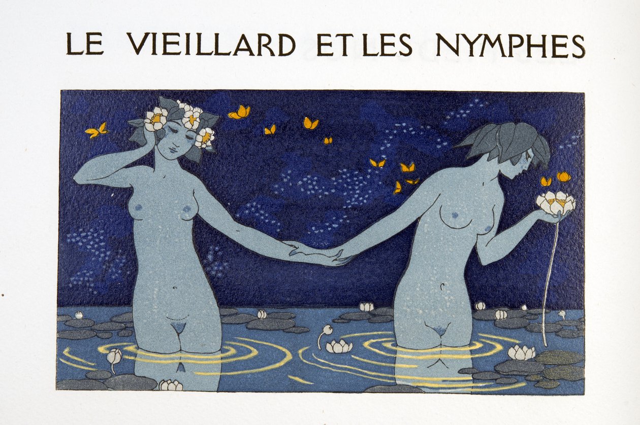 Vanha mies ja nymfit, kuvitus Les Chansons de Bilitisistä, Pierre Louys, pub. 1922 (stensiiliprintti) tekijältä Georges Barbier