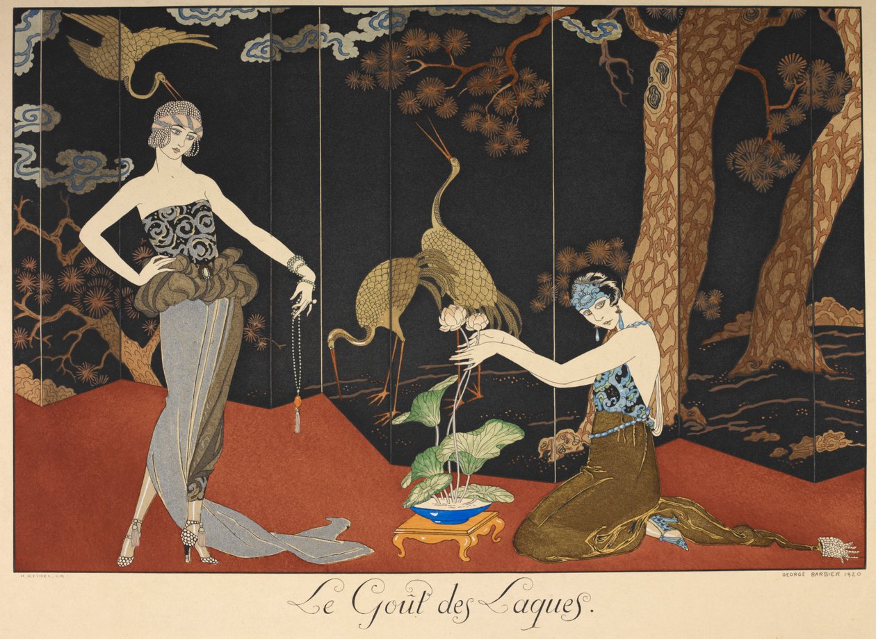 Le gout des lakques. Lakan maku. Kaksi naista lakatun näytön edessä. tekijältä Georges Barbier