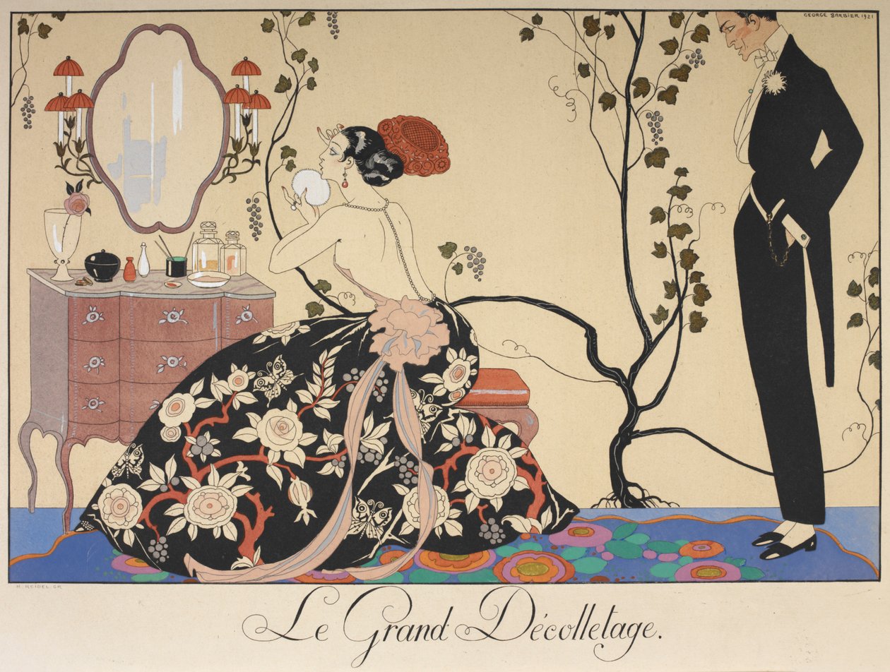 El gran escot. Una dona asseguda al seu tocador, admirada per un home.finlandès tekijältä Georges Barbier
