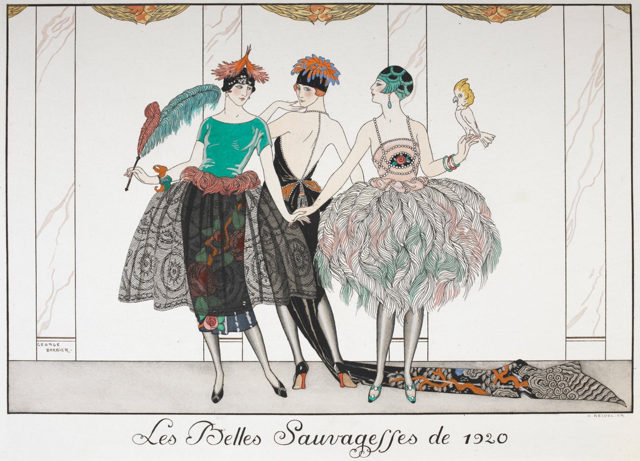Les Belles Sauvegettes de 1920. Kolme naista jonossa eksoottisissa mekoissa. tekijältä Georges Barbier