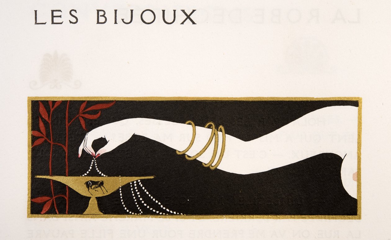 Jalokivet, kuvitus Les Chansons de Bilitisistä, Pierre Louys, pub. 1922 (stensiiliprintti) tekijältä Georges Barbier