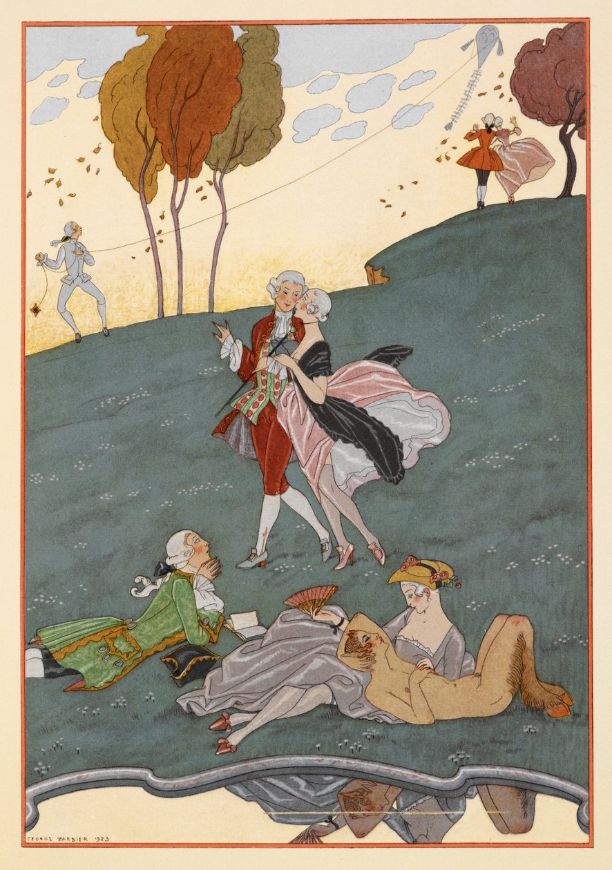 Les Ingenus. Useita miehiä ja naisia. Mies lennättää leijaa. Faun. tekijältä Georges Barbier