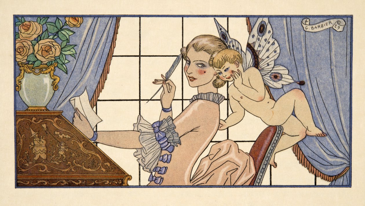 Ensimmäinen kirje Pierre Choderlos de Laclosin (1741-1803) Les Liaisons Dangereuses -teoksesta, pub. 1934 (stensiiliprintti) tekijältä Georges Barbier