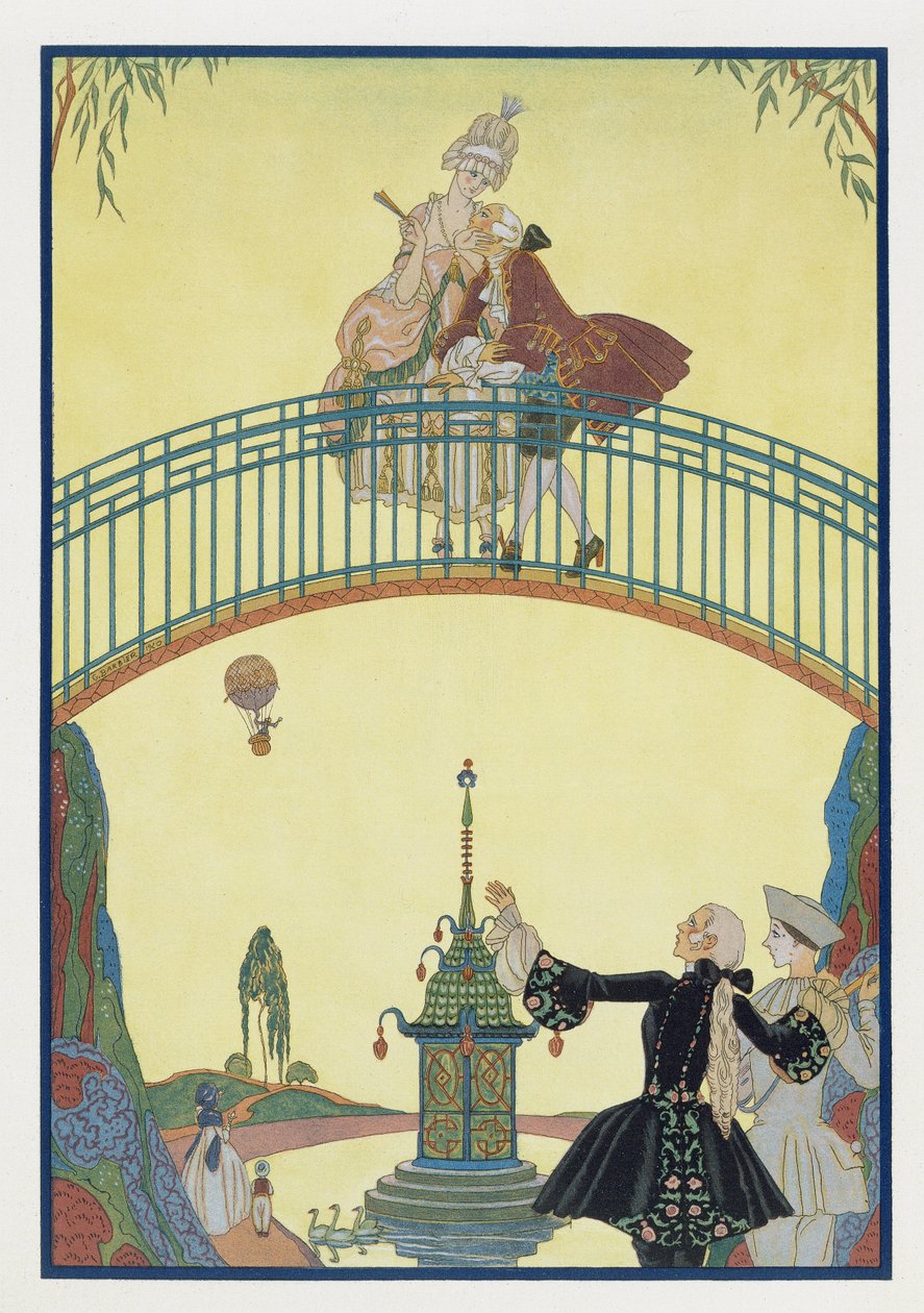 Rakkaus sillalla, kuvitus Paul Verlainen (1844-96) Fetes Galantesille 1928 (pokuorokuva) tekijältä Georges Barbier