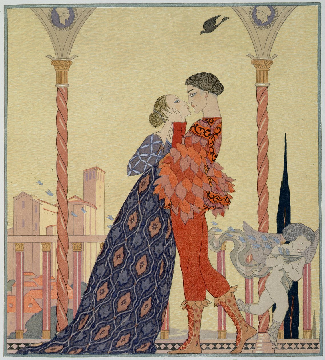 Rakastajat parvekkeella (akvarelli paperille) tekijältä Georges Barbier