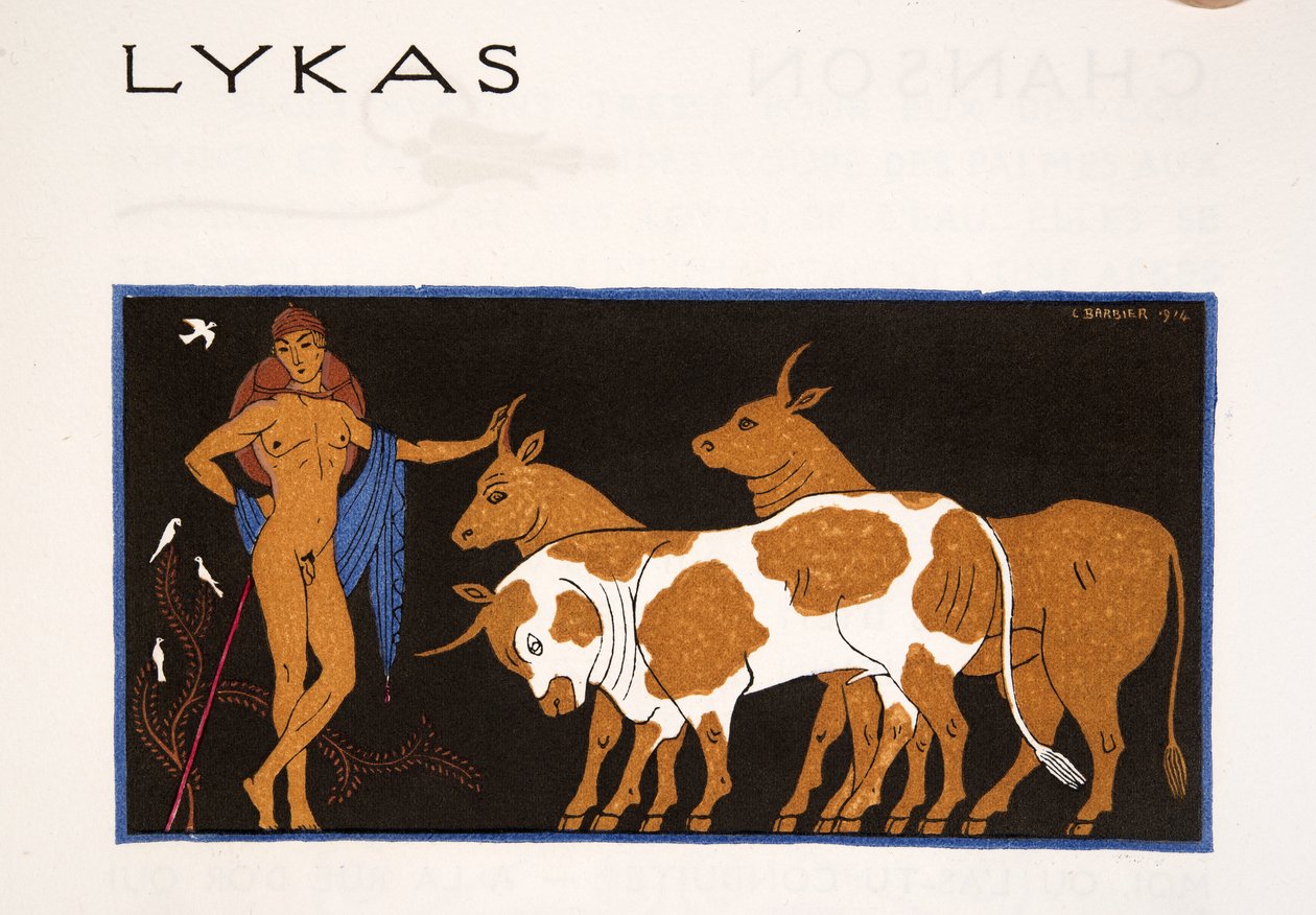 Lykas, kuvitus Les Chansons de Bilitisistä, Pierre Louys, pub. 1922 (stensiiliprintti) tekijältä Georges Barbier