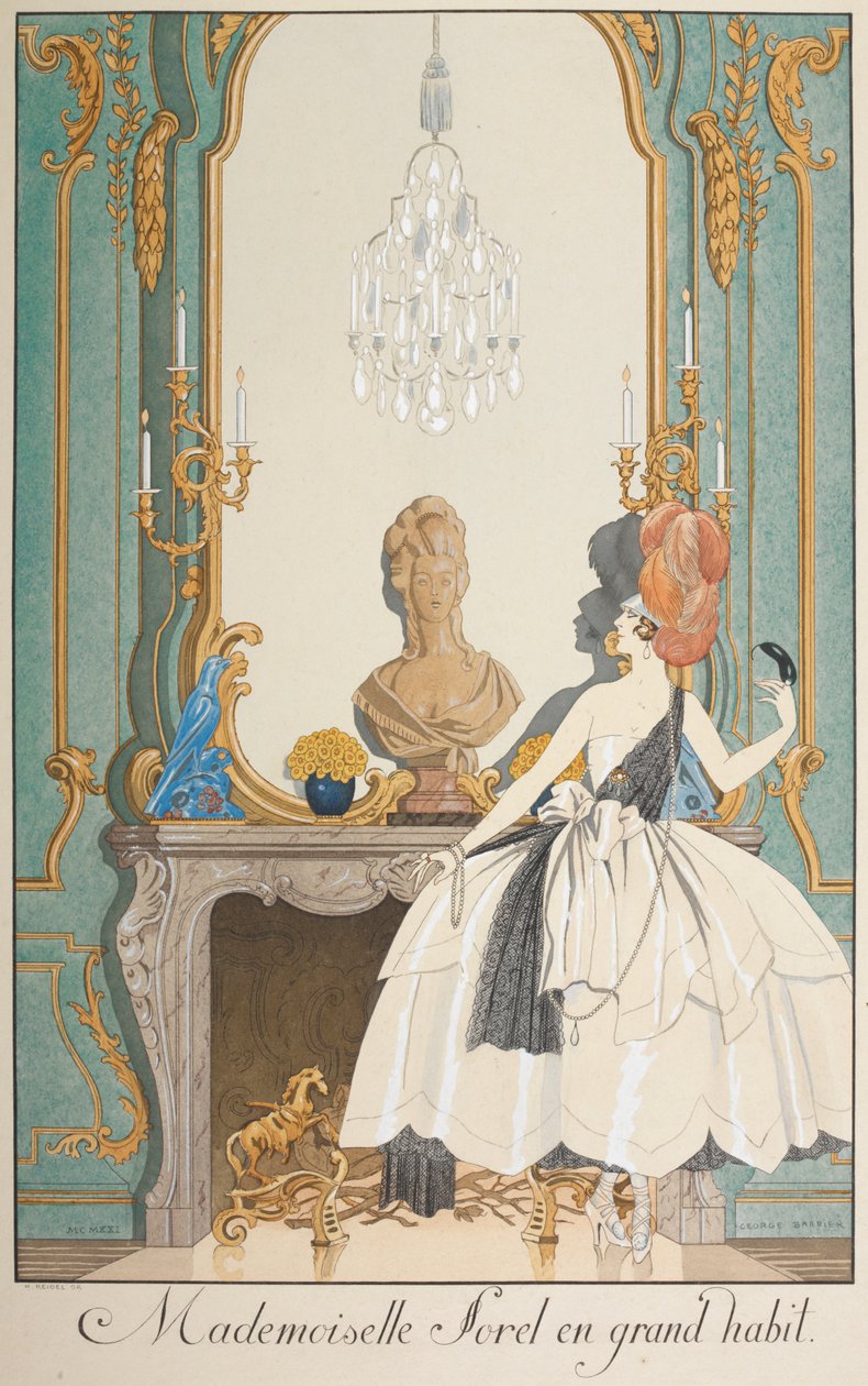 Mademoiselle Sorel suuressa tottumuksessa. Nainen seisoo takan edessä. tekijältä Georges Barbier