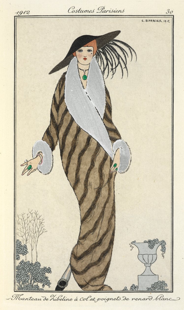 "Libeline-takki, jossa valkoinen kettukaulus ja hihansuut." tekijältä Georges Barbier