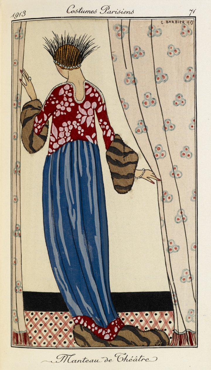 Manteau de Theatre. Puvut Parisiens no.71. Naisella on yllään punainen kuviollinen mekko, jossa on sininen hame, jossa on turkki. Hänellä on myös yllään musta ja hopea höyhenpeite. tekijältä Georges Barbier