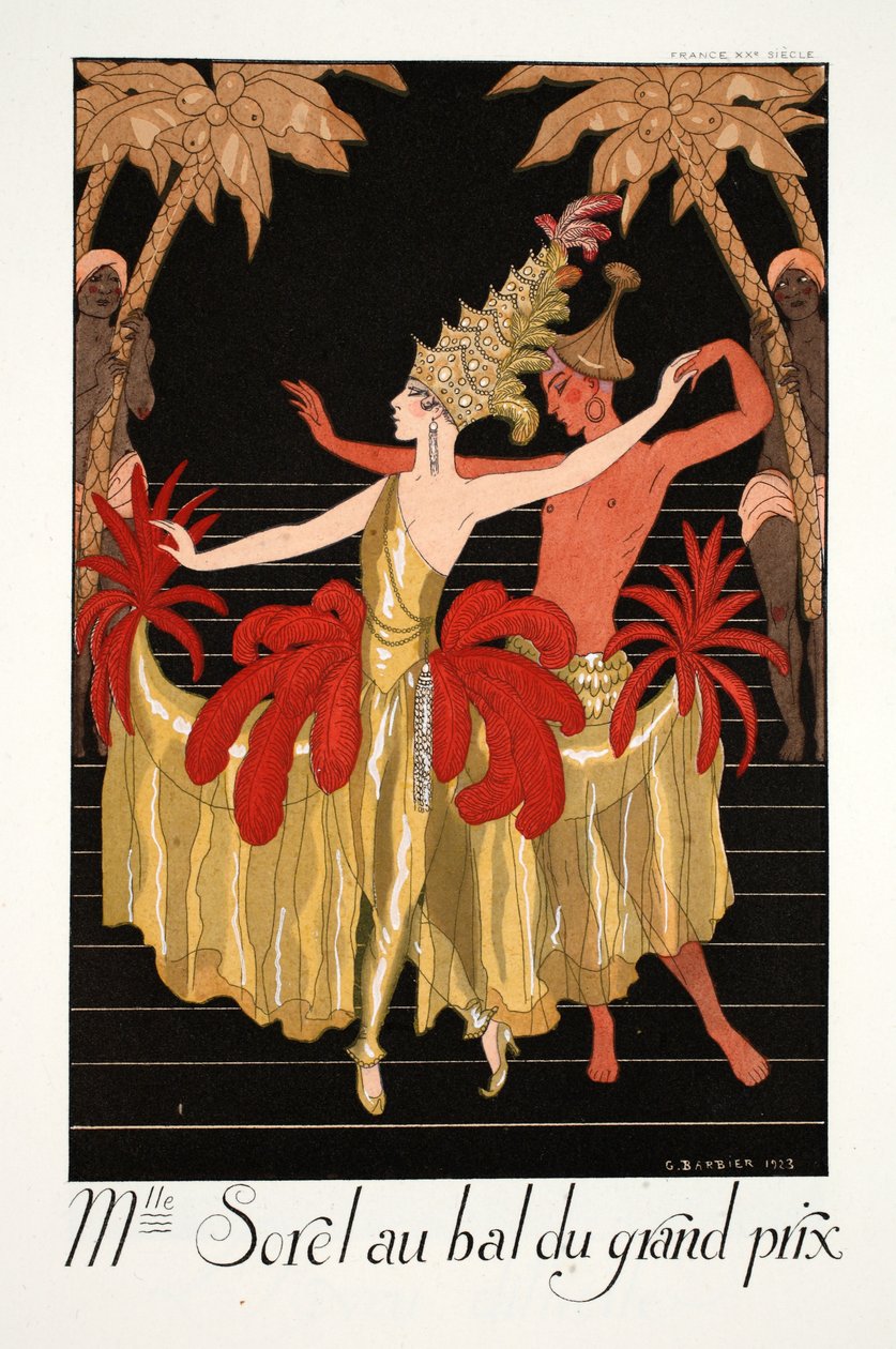 Miss Sorel Grand Prix Ballissa, elokuvasta "Falbalas et Fanfreluches, Almanach des Modes Presents, Passées et Futures" tekijältä Georges Barbier