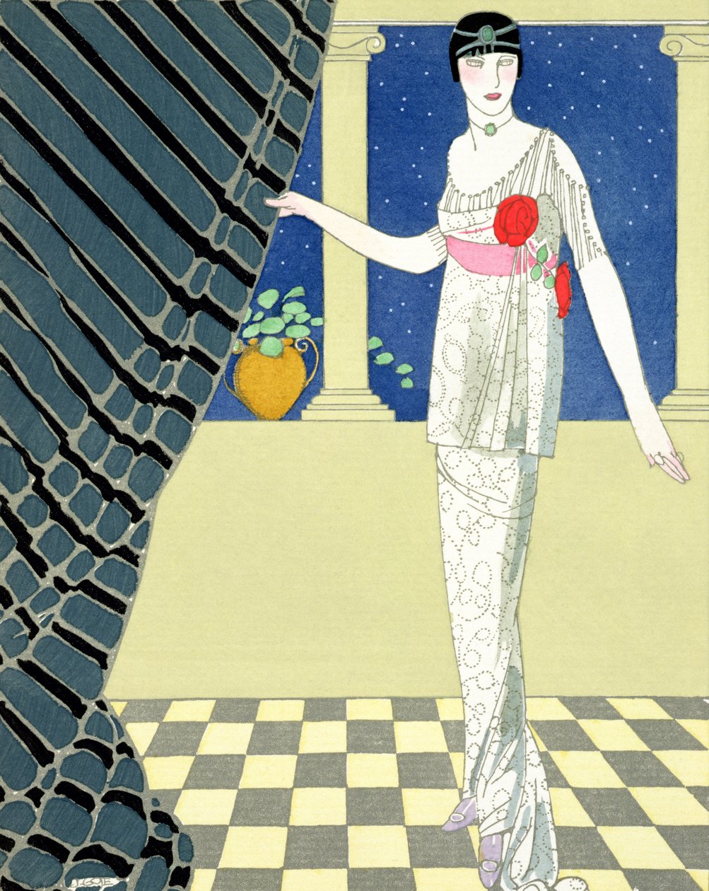Vieraani eivät ole saapuneet, kuva naisesta mekossa, kirjoittanut Redfern (pochoir print) tekijältä Georges Barbier