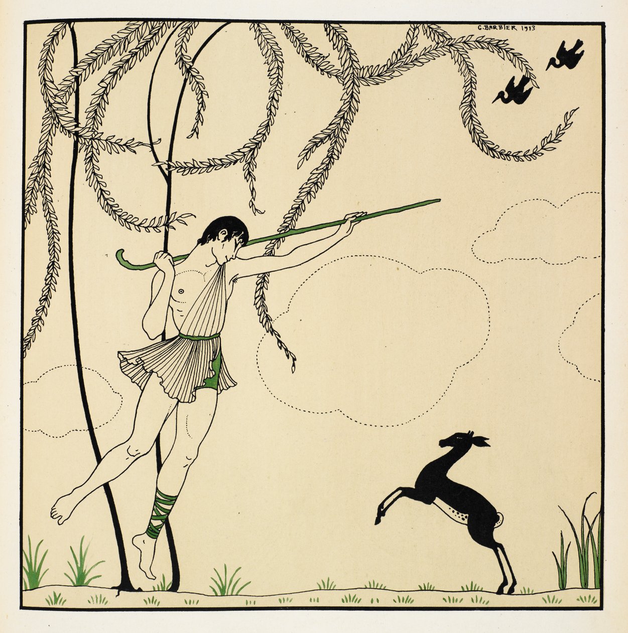 "Narcisse". Kohtaus Narcissessa, klassisesta baletista yhdessä näytöksessä. Narcisse sai ensi-iltansa vuonna 1911 Monte Carlossa. Poika tanssii ilmassa, kantaen paimenen roistoa, lammas seisoo takajaloillaan. tekijältä Georges Barbier