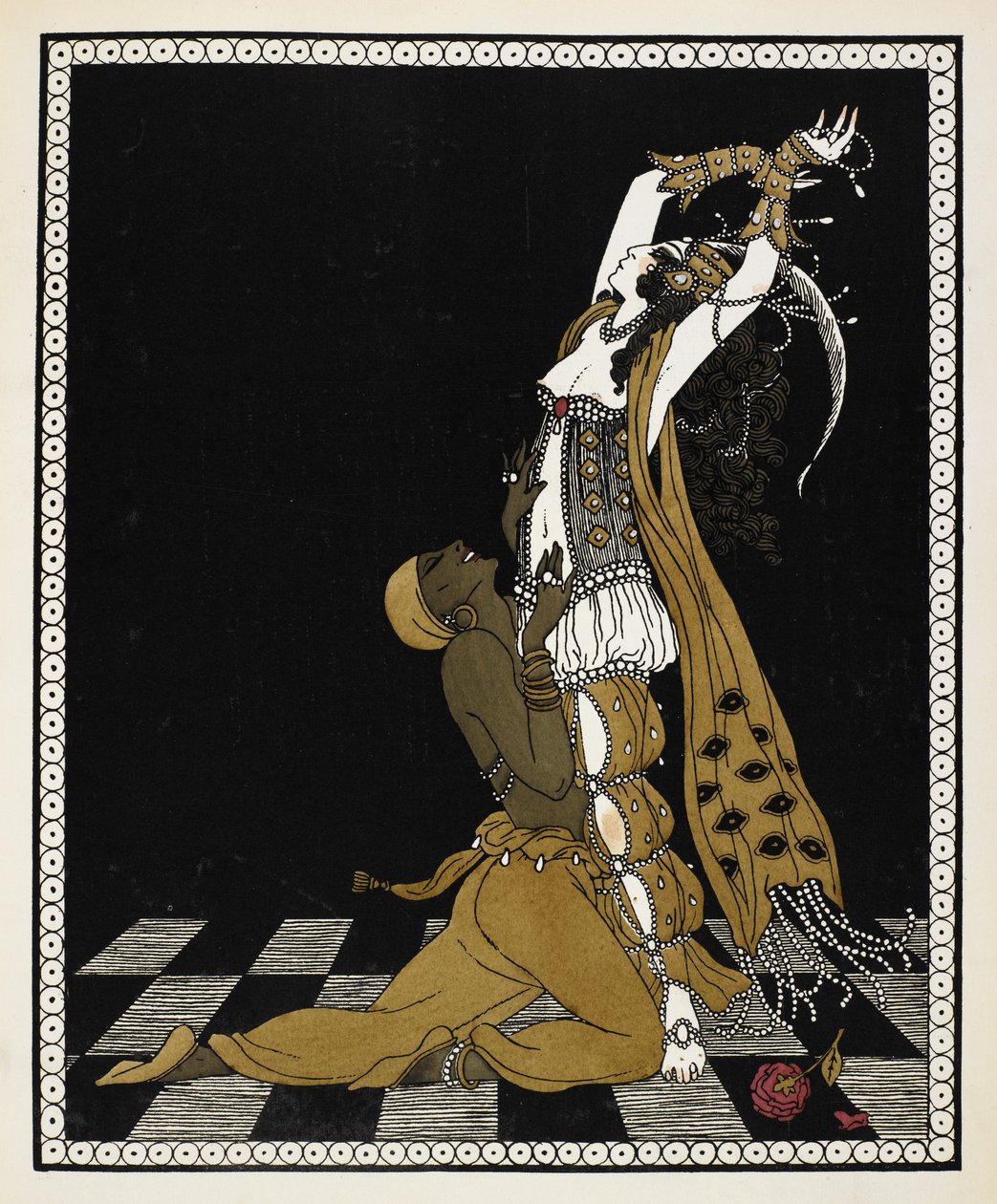 Nijinsky Kultaisena orjana Nikolai Rimski-Korsakovin vuonna 1888 säveltämässä Sheherazadessa. Hän polvistuu Sheherazaden edessä, molemmat pukeutuneena arabialaiseen asuun. tekijältä Georges Barbier