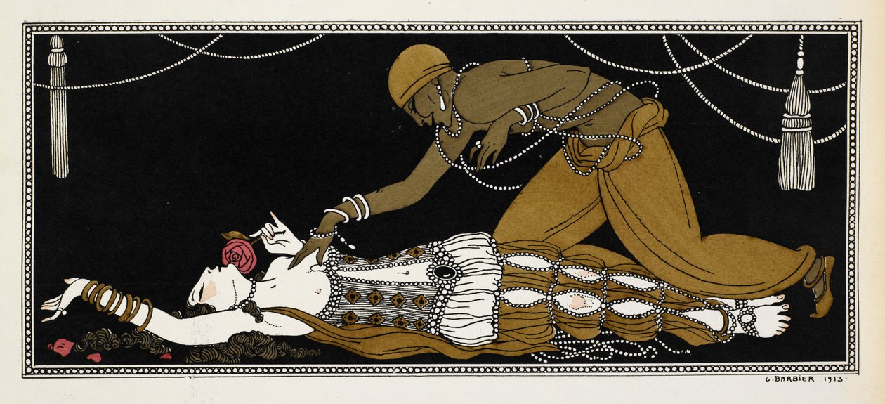 Nijinsky kultaisena orjana Nikolai Rimski-Korsakovin vuonna 1888 säveltämässä Sheherazadessa. Sheherazade on täällä kuolinvuoteellaan kultaisen orjan nojaten hänen ylleen. tekijältä Georges Barbier