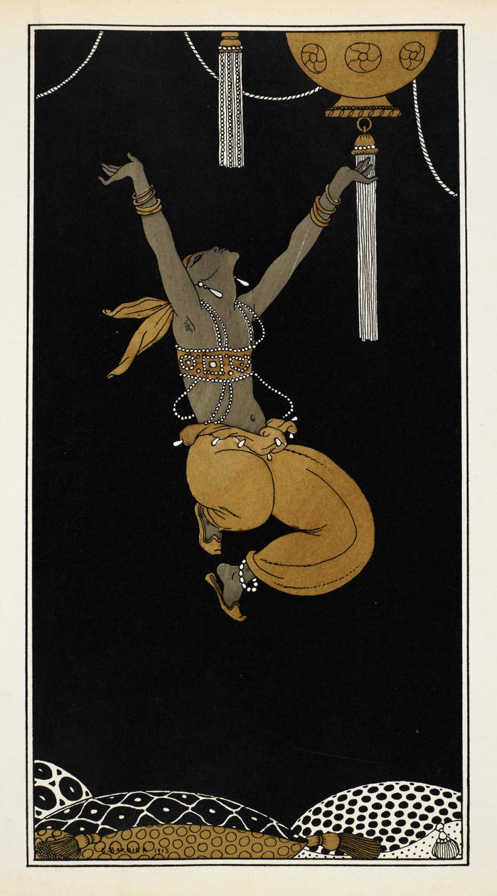 Nijinsky kultaisena orjana Sheherazadessa, Nikolai Rimski-Korsakovin vuonna 1888 säveltämässä sinfonisessa sarjassa. Nijinski on ilmassa, puolihypyssä. tekijältä Georges Barbier