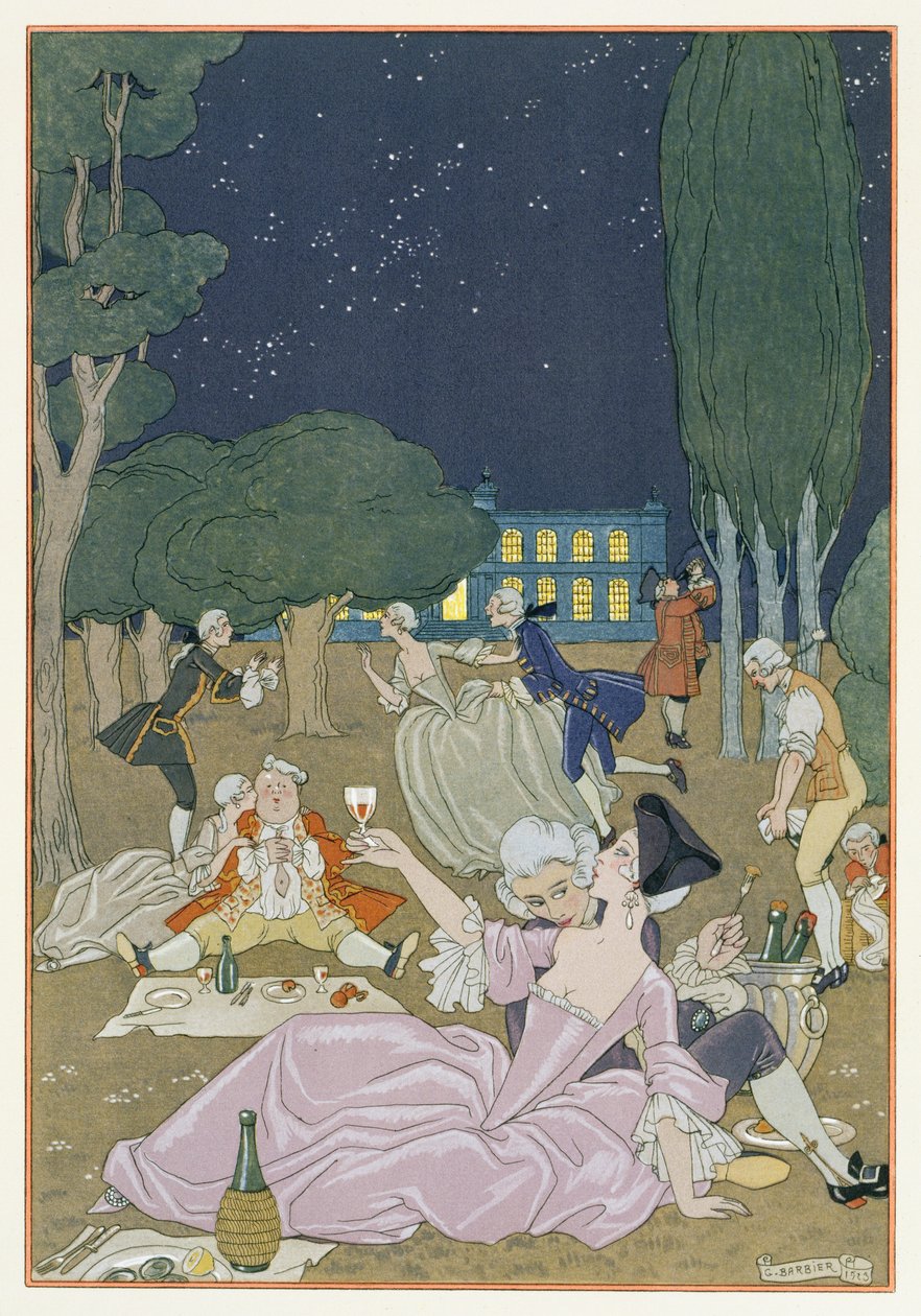 Nurmikolla, kuvitus Paul Verlainen (1844-96) Fetes Galantesille 1923 (pokuoropainos) tekijältä Georges Barbier