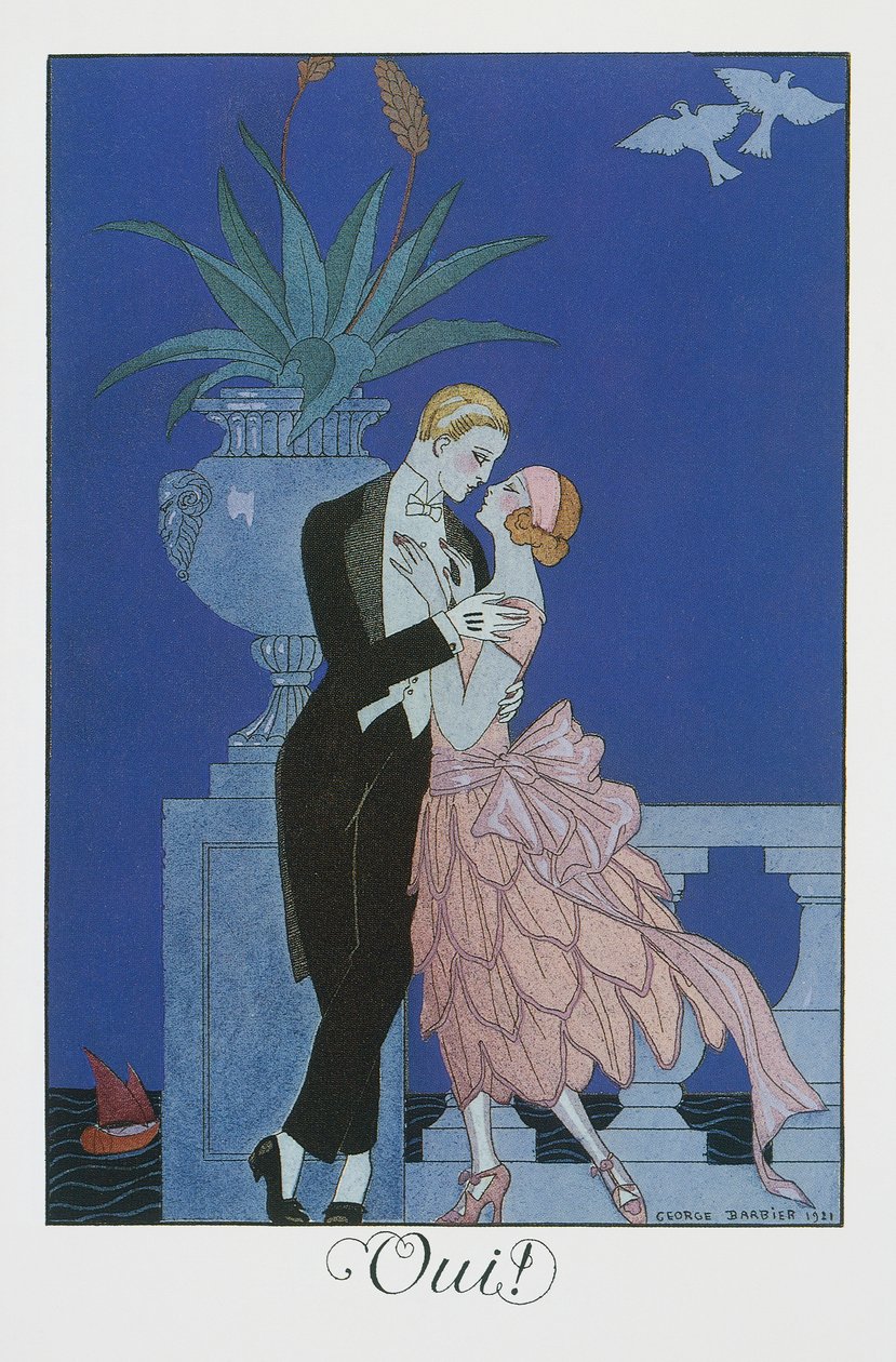 Kyllä, kaksi nuorta sulhasta iltapuvussa, George Barbierin (1882-1932) litografia, Falbalas et Fanfreluches, Almanach des Modes Presentes, Passees et Futures tekijältä Georges Barbier