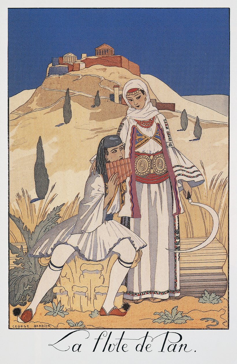 Panhuilusoitin, joka kuvaa perinteisiä kreikkalaisia pukuja tekijältä Georges Barbier