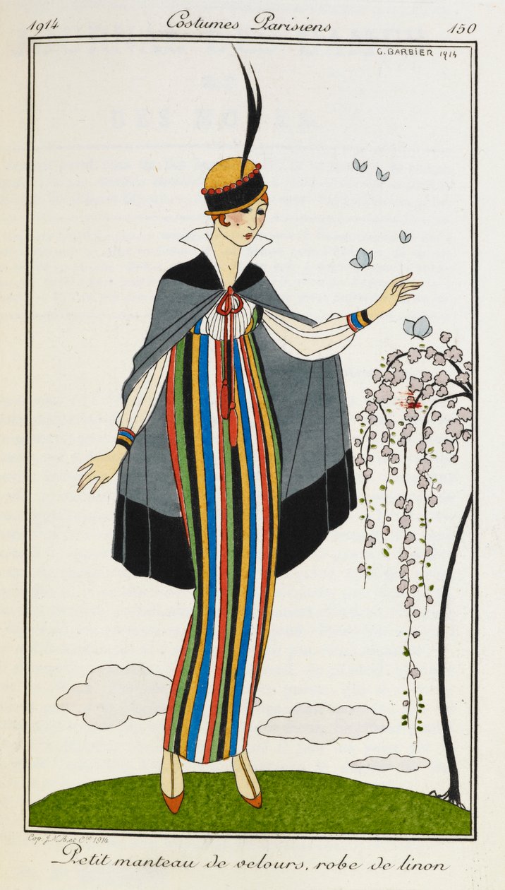 Petit manteau de velours, linon kaapu. Nainen, jolla on yllään pieni samettiviitta, raidallinen pellavamekko, oranssit t-kengät ja mustalla ja punaisella koristeltu hattu. Puvut Parisiens. tekijältä Georges Barbier