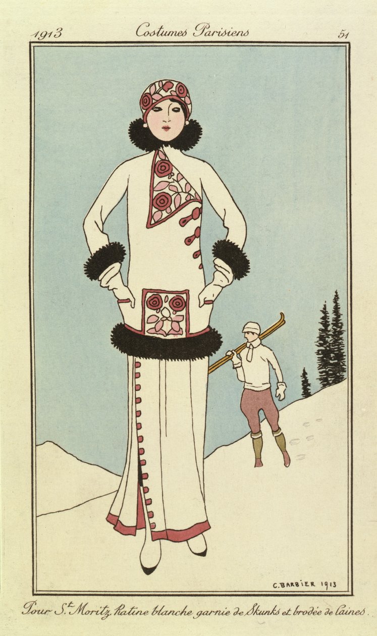 St. Moritzille, lautanen "Costumes Parisiensista" tekijältä Georges Barbier