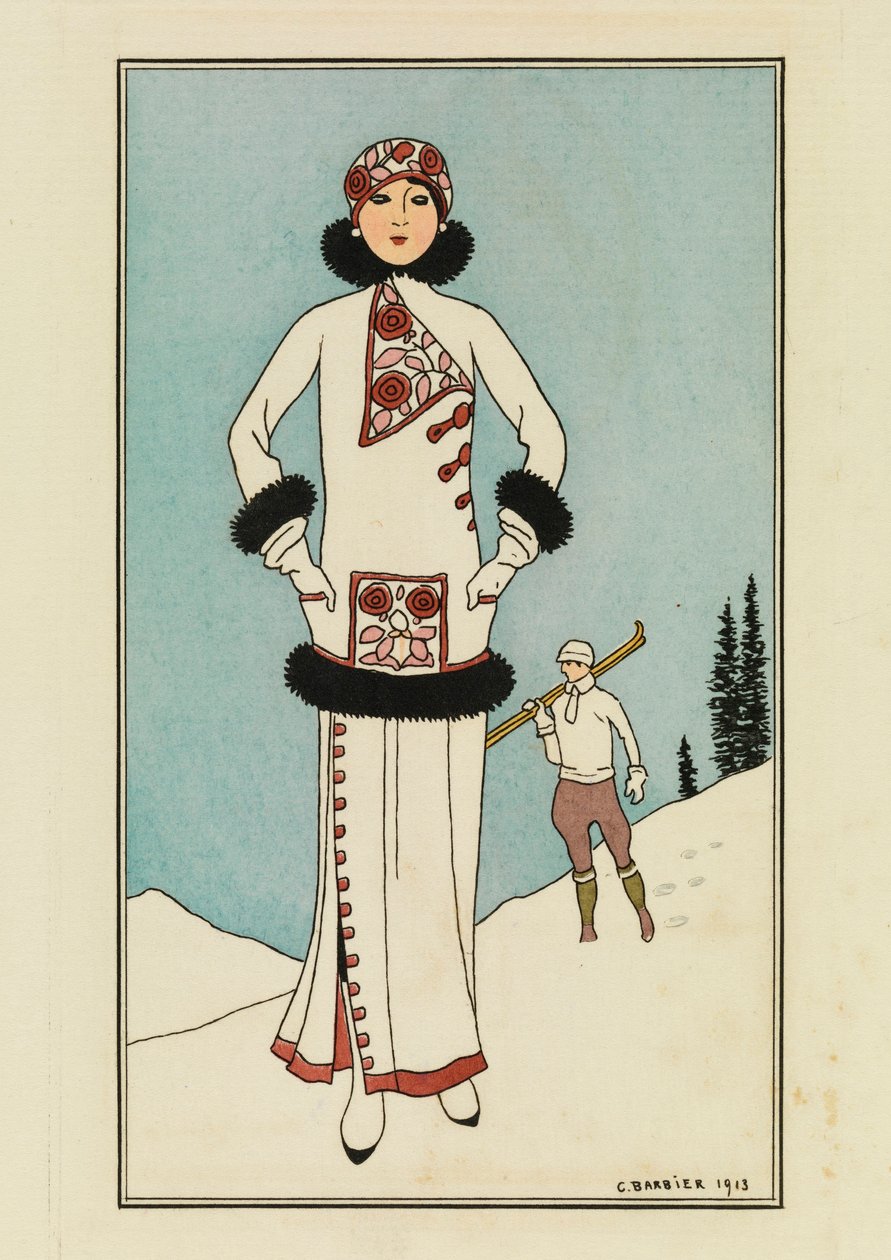 St. Moritzille, lautanen Costumes Parisiensista tekijältä Georges Barbier
