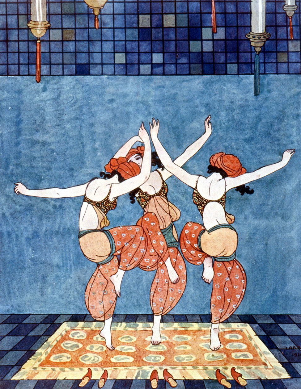 Prinsessa Scheherazade (Sheherazade) (tarinoita tuhannesta ja yhdestä yöstä). Kuvitus George Barbierin (1882-1932). noin 1910. tekijältä Georges Barbier