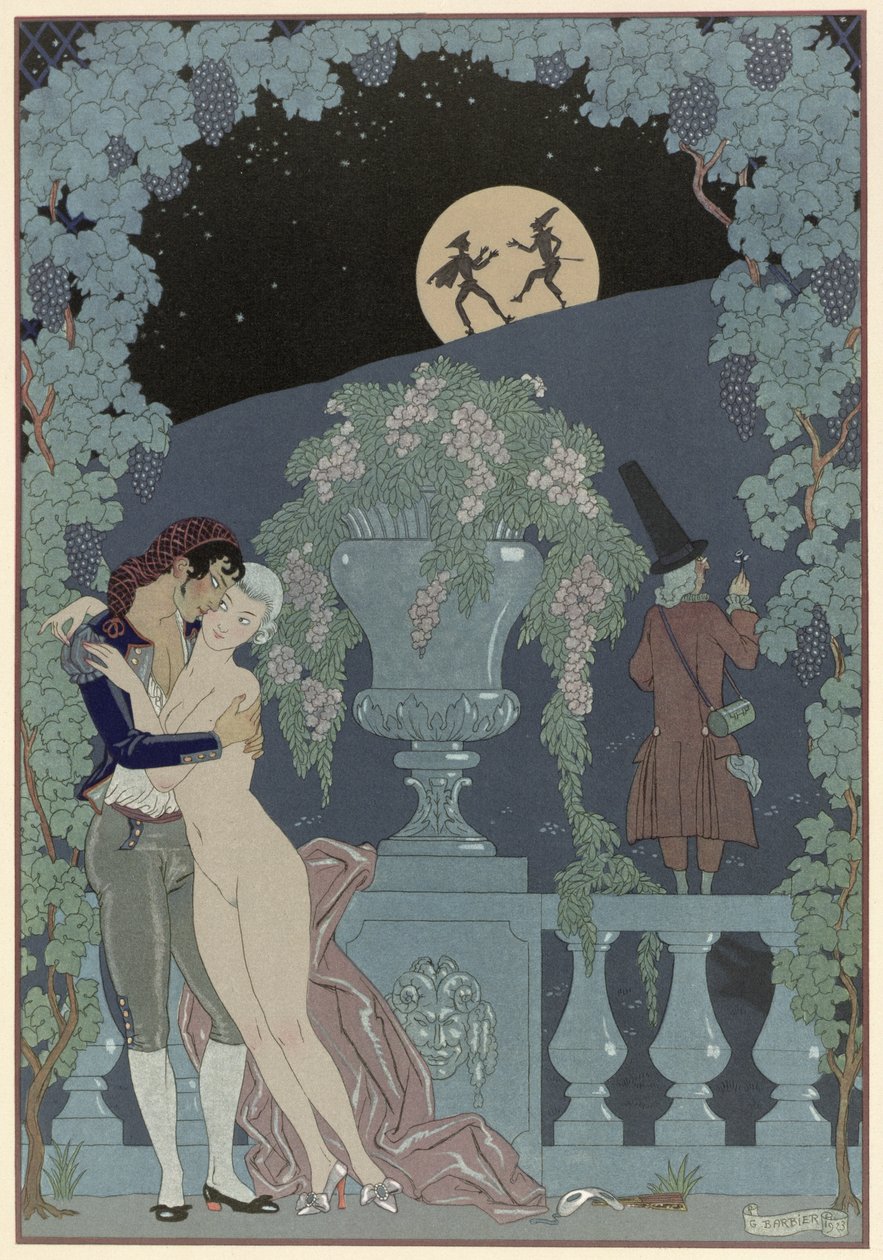 Nuket, kuvitus Paul Verlainen (1844-96) Fetes Galantesille 1928 (stensiiliprintti) tekijältä Georges Barbier