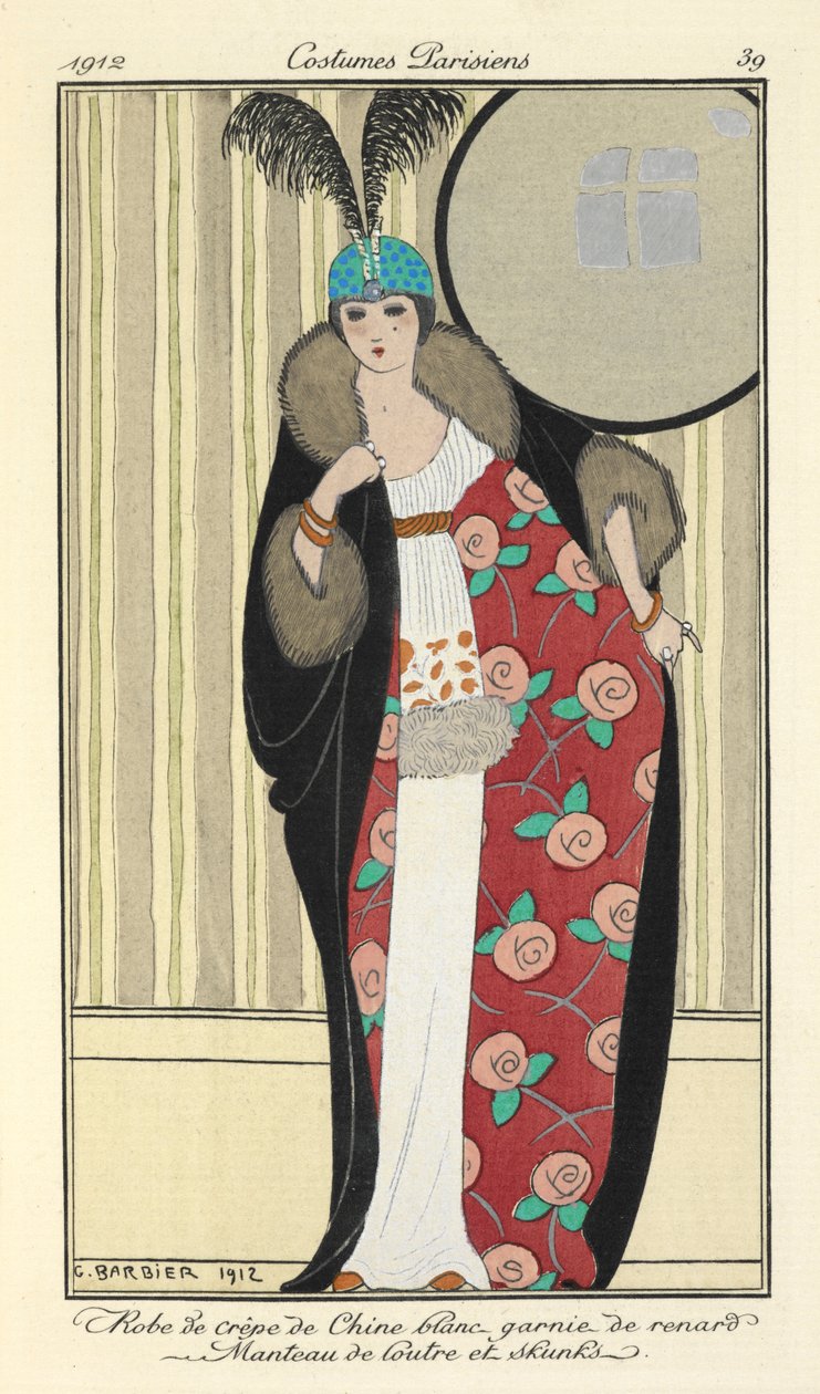 "Valkoinen crepe de chine -mekko, jossa on kettu. Saukkon takki ja haisuja," tekijältä Georges Barbier