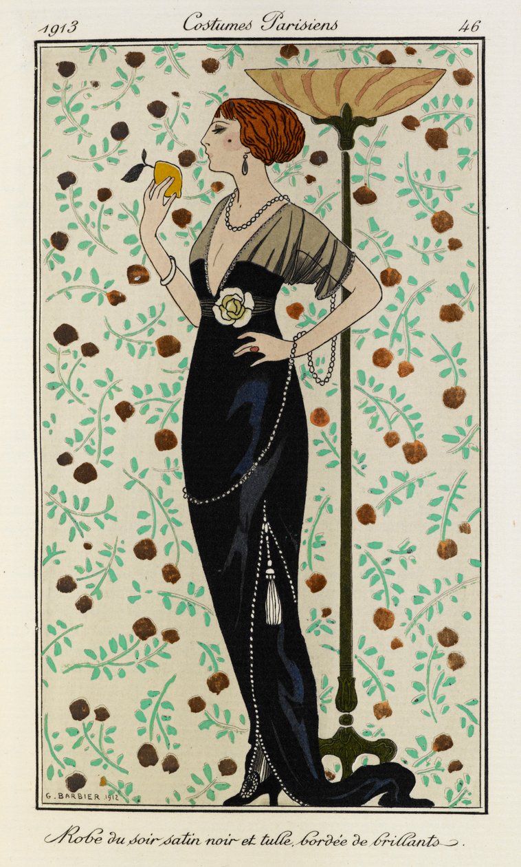 Robe du soir satin noir et tylli bordée de brillants. Puvut Parisiens no.46. Naisella on yllään musta satiininen iltapuku, joka on vuorattu timanteilla ja jonka vyötärönauhassa on valkoinen kukka. Hänellä on myös yllään timanttikaulakoru. tekijältä Georges Barbier