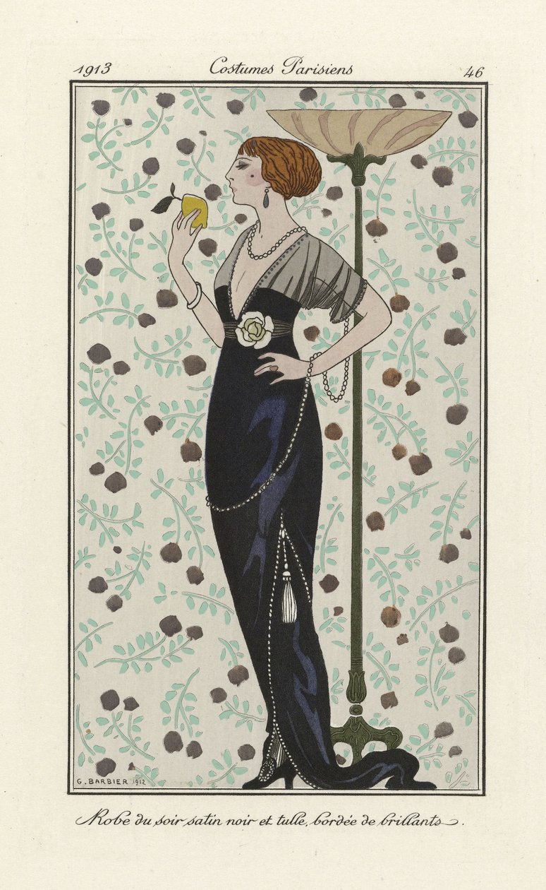 Musta satiini- ja tylli-iltamekko briljantein reunalla, Costumes Parisien, pub.1913 (stencilprint) tekijältä Georges Barbier